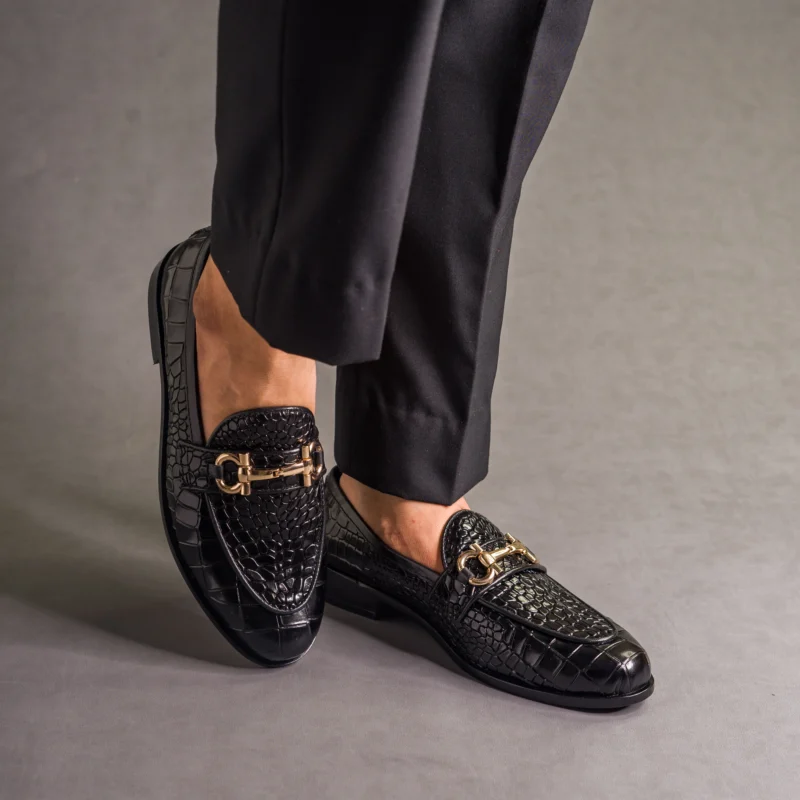 Black crocodile leather rounded toe wedding shoes for men